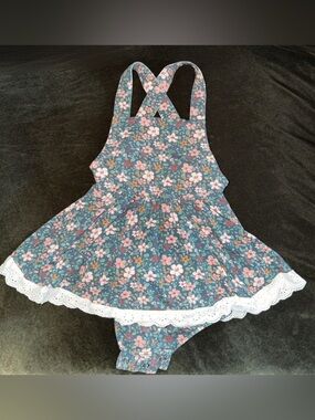 Floral Crossback Skirted Romper in Blue and Pink